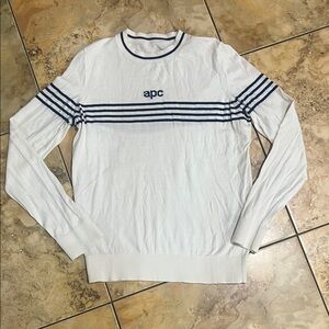 A.P.C. White Crewneck Sweater with Navy Stripe Accents